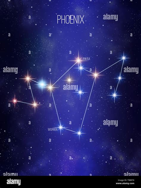 Phoenix constellation map on a starry space background. Stars relative sizes and color shades ...