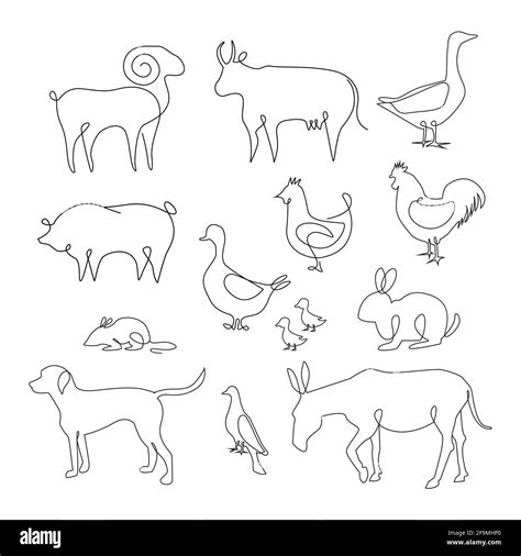 One Line Animals Set. Farm animals one line hand drawing, Vector ...