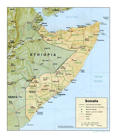 Detailed political and administrative map of Somalia with relief, roads ...