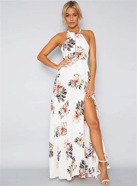 Sleeveless Polyester Halter Neck Floral Print Maxi Day Going Out Dress - STYLESIMO.com