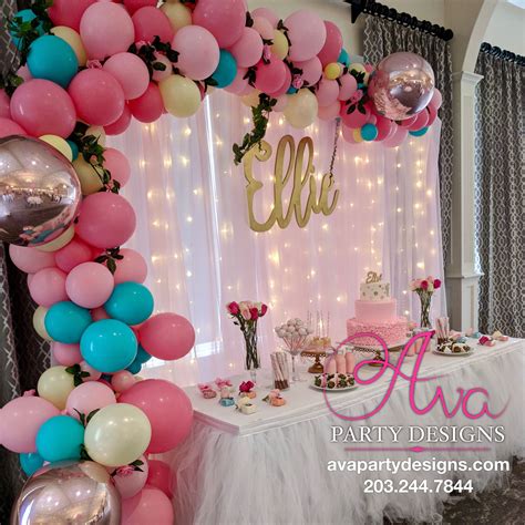 Organic Balloon Garland Arch with LED fabric backdrop. Cake table decor idea. Birthday ...