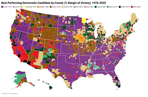 Best Performing Democratic Candidate by County (% Margin of Victory), 1976-2020 : MapPorn