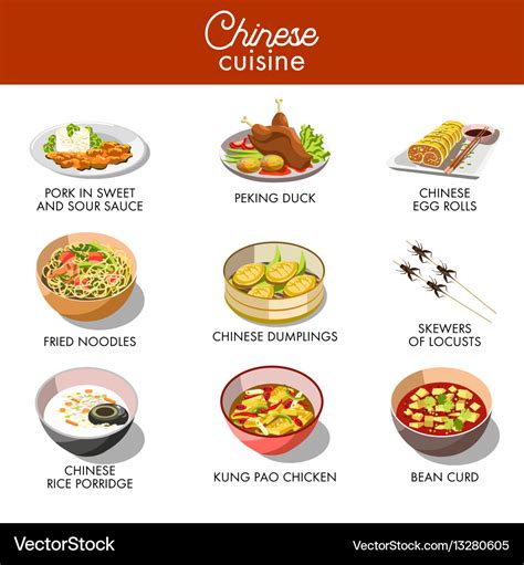 Chinese cuisine traditional dishes flat Royalty Free Vector