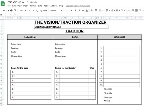 EOS VTO Template Google Sheets Vision Traction Organzer | Etsy