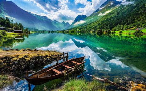 Mountain lake, r, glacial lake, spring, mountain landscape, wooden boat ...