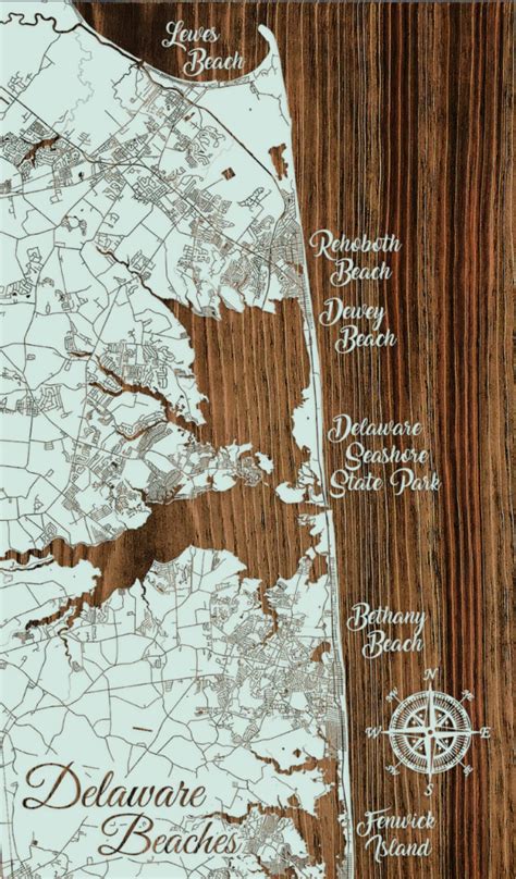 Delaware Beaches, DE Wood Topo Map | Burnt Laser-Cut Wall Map