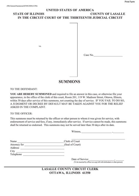 Fillable Form 90 - Summons - Lasalle County Circuit Clerk printable pdf download