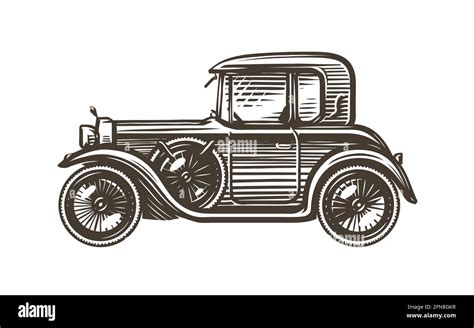 Retro car drawing in sketch style, side view. Vintage transport vector illustration Stock Vector ...