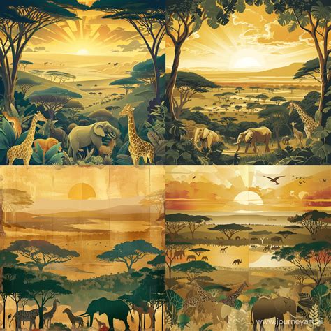 Breathtaking African Savannah Sunset with Wildlife Illustrations ...