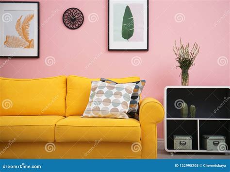 Modern Living Room Interior with Comfortable Sofa Near Color Wall Stock Image - Image of room ...
