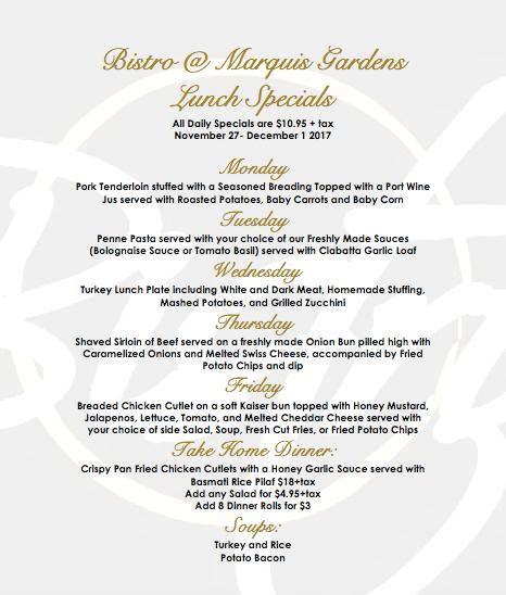 Menu at Bistro at Marquis Gardens restaurant, Hamilton