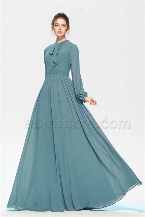 Dusty Green Modest Bridesmaid Dresses Long Sleeves | eDresstore