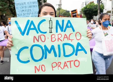 Brazilian in a mask with a poster protests against President Jair ...