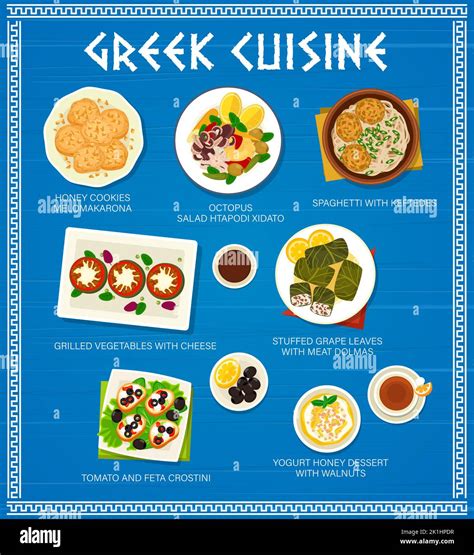 Greek cuisine vector menu. Honey cookies melomakarona, spaghetti with keftedes and octopus salad ...