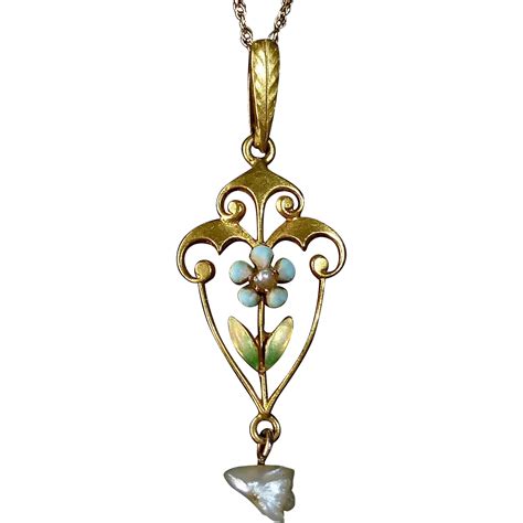 14k Enameled Flower Lavaliere Necklace w Fresh Water Pearls from bejewelled on Ruby Lane