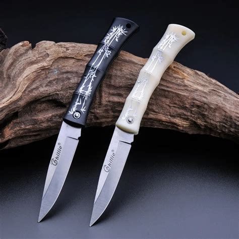 Folding Fruit Knife 80mm Blade 1.8mm thick Bamboo Patterns Handle Outdoor Camping Hiking Tool ...