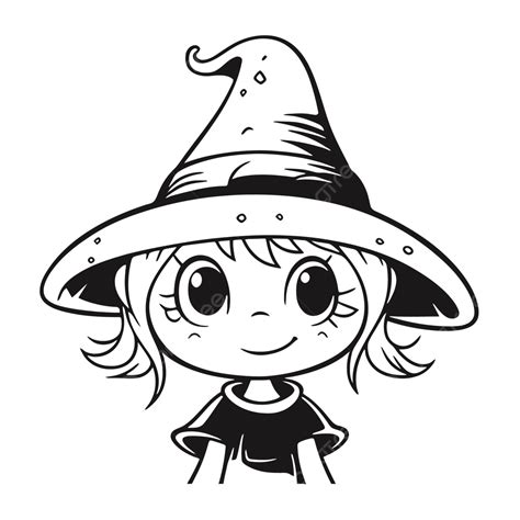 Cute Witch Girl With A Witch Hat Outline Sketch Drawing Vector, Wing ...