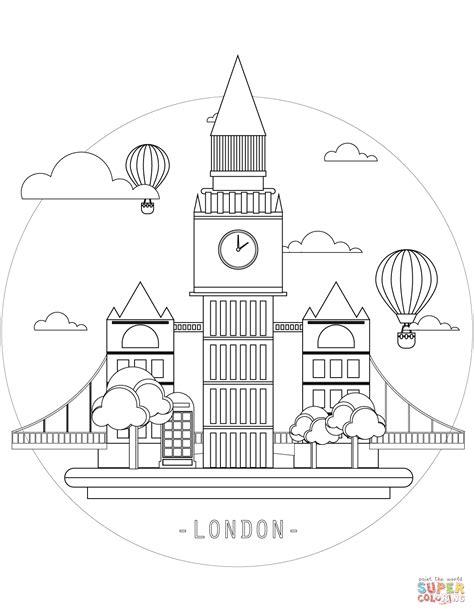 the london skyline with hot air balloons in the sky and clouds above it, outlined in black and white