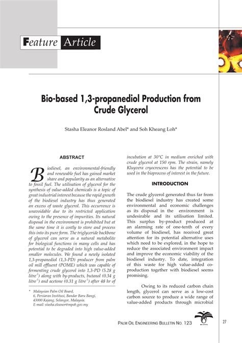 (PDF) Bio-based 1,3-propanediol production from crude glycerol