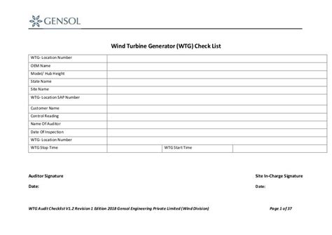 Wind Turbine Generator (WTG) Audit Checklist by Gensol - 16.06.18