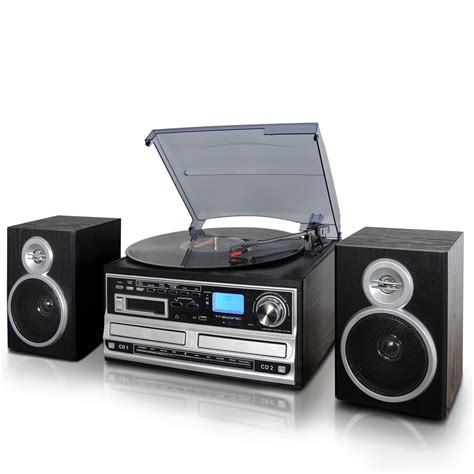 Trexonic 3-Speed Turntable With CD Player, CD Recorder, Cassette Player, Wired Shelf Speakers ...