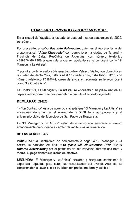 2 Contrato-de-Grupo-musical modificado - CONTRATO PRIVADO GRUPO MÚSICAL En la ciudad de Yacuiba ...