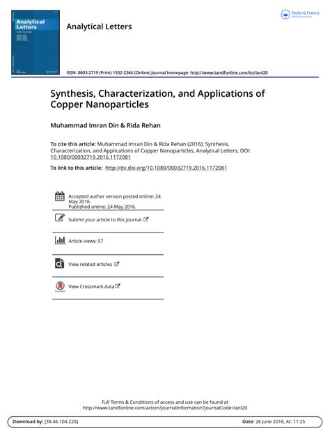 (PDF) Synthesis, Characterization, and Applications of Copper Nanoparticles