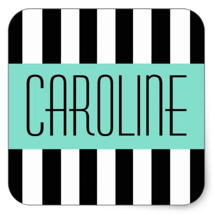 Personalized name tag stickers featuring fashionable black and white stripes with an aqua blue ...