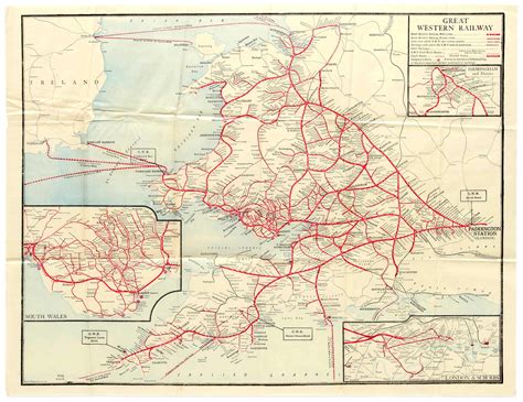 Original vintage colour railway map of the Great Western Railway, includes details, to larger sca