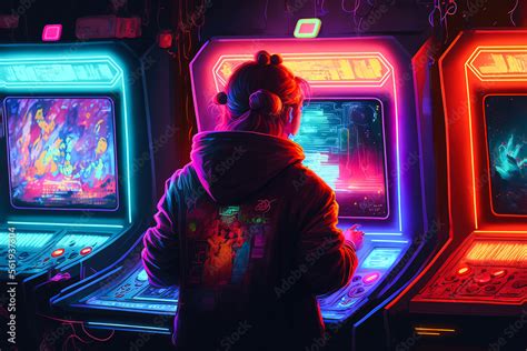 Unique wallpaper is the gamer of the future. Awesome picture of the arcade machine with neon ...