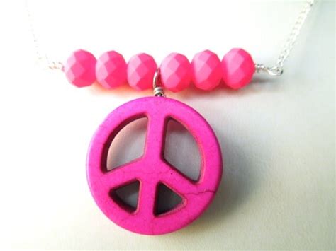 Items similar to Pink peace sign necklace, Neon pink bar necklace, neon ...