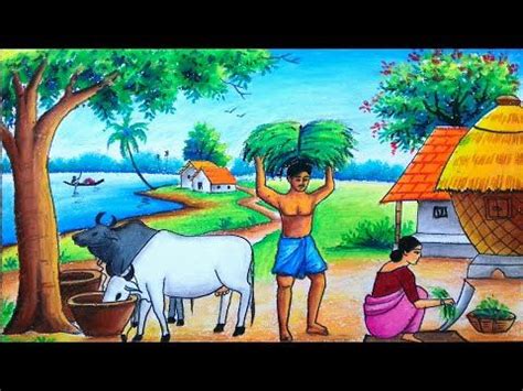 Indian Village Scenery Drawing For Kids