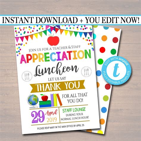 Teacher & Staff Appreciation Week Breakfast or Luncheon Printable ...