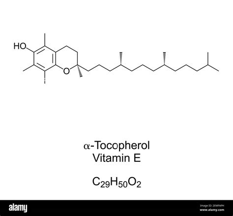 alpha-Tocopherol, Vitamin E chemical formula and skeletal structure. A ...