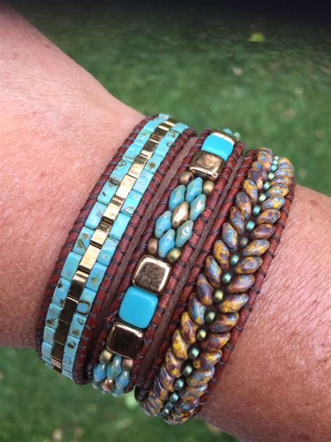 Super duo tri-wrap bracelet by Martha. Great macrame & beading boards. Beaded Leather Bracelet ...