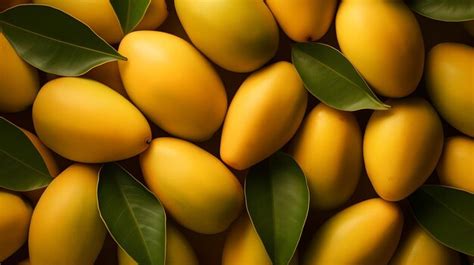 Premium AI Image | A pile of yellow mangoes with leaves on them.