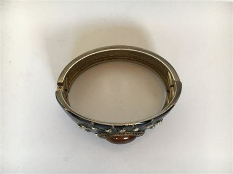 Vintage Enamel Brass and Rhinestone Cuff Bracelet Bangle Black | Etsy