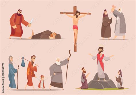 Christian characters. Spiritually antique journey holy bible people jewish vector narrative ...