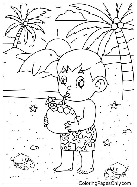 Boy Drinking Coconut Water on the Beach - Free Printable Coloring Pages