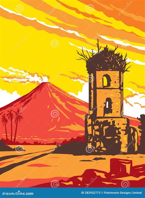 Mayon Volcano and Cagsawa Ruins Bell Tower Albay Philippines WPA Art Deco Poster Stock Vector ...