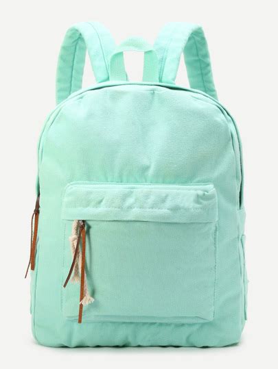 Light Green Zipper Front Canvas Backpack -SheIn(Sheinside)