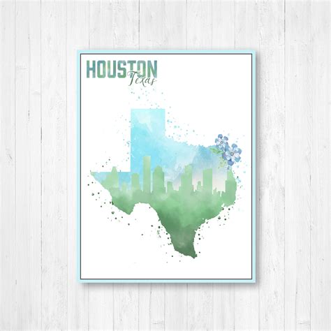 Houston Texas Watercolor City Skyline Illustration Print | Texas ...