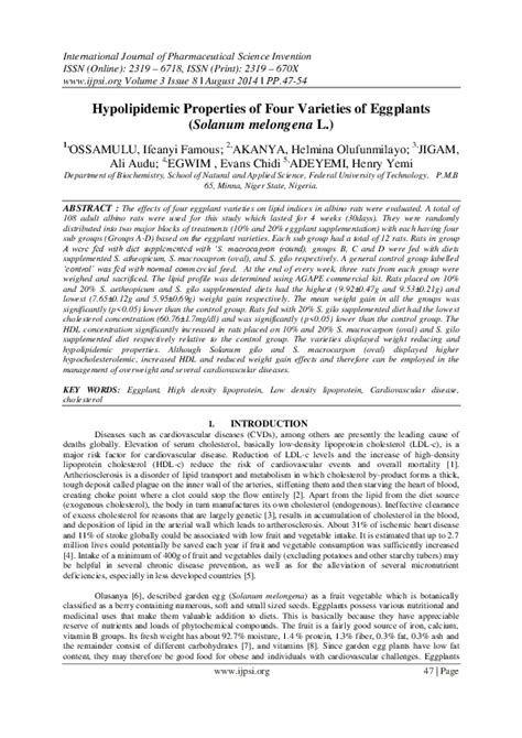 (PDF) Hypolipidemic Properties of Four Varieties of Eggplants ( Solanum melongena L . ) | ali ...