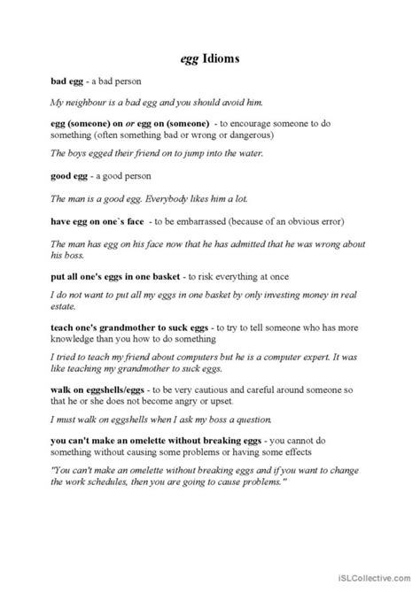 Egg idioms: English ESL worksheets pdf & doc