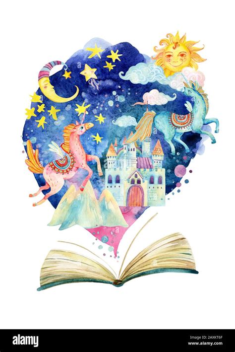 Watercolor open book with magic world. The whole fairy tale world in one book. Starry sky, moon ...