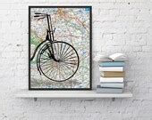 Items similar to Old bike detail on Original France Roads Map, Vintage Print, Art Print map ...