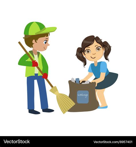 Kids with broom and binbag Royalty Free Vector Image