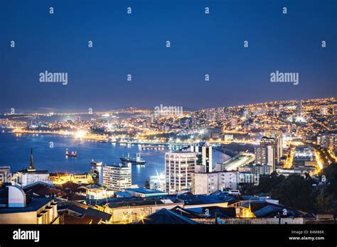 Aerial view of Valparaiso bay from Cerro Alegre Hill at night - Valparaiso, Chile Stock Photo ...