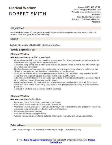 Clerical Worker Resume Samples | QwikResume