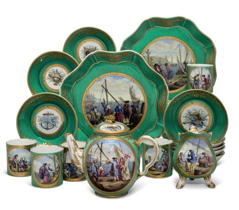 AN ASSEMBLED SEVRES PORCELAIN LATER-DECORATED GREEN-GROUND PART TEA SERVICE, THE PORCELAIN 18TH ...